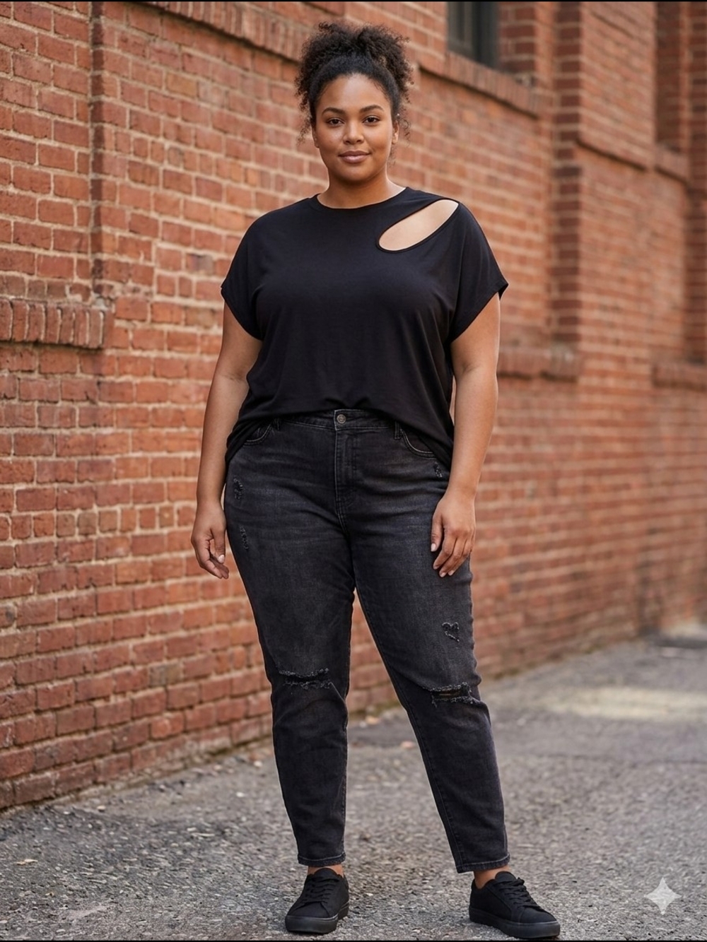 Penningtons Women's Plus Size Black Tshirt Shoulder Cutout Modern Chic Lagenlook